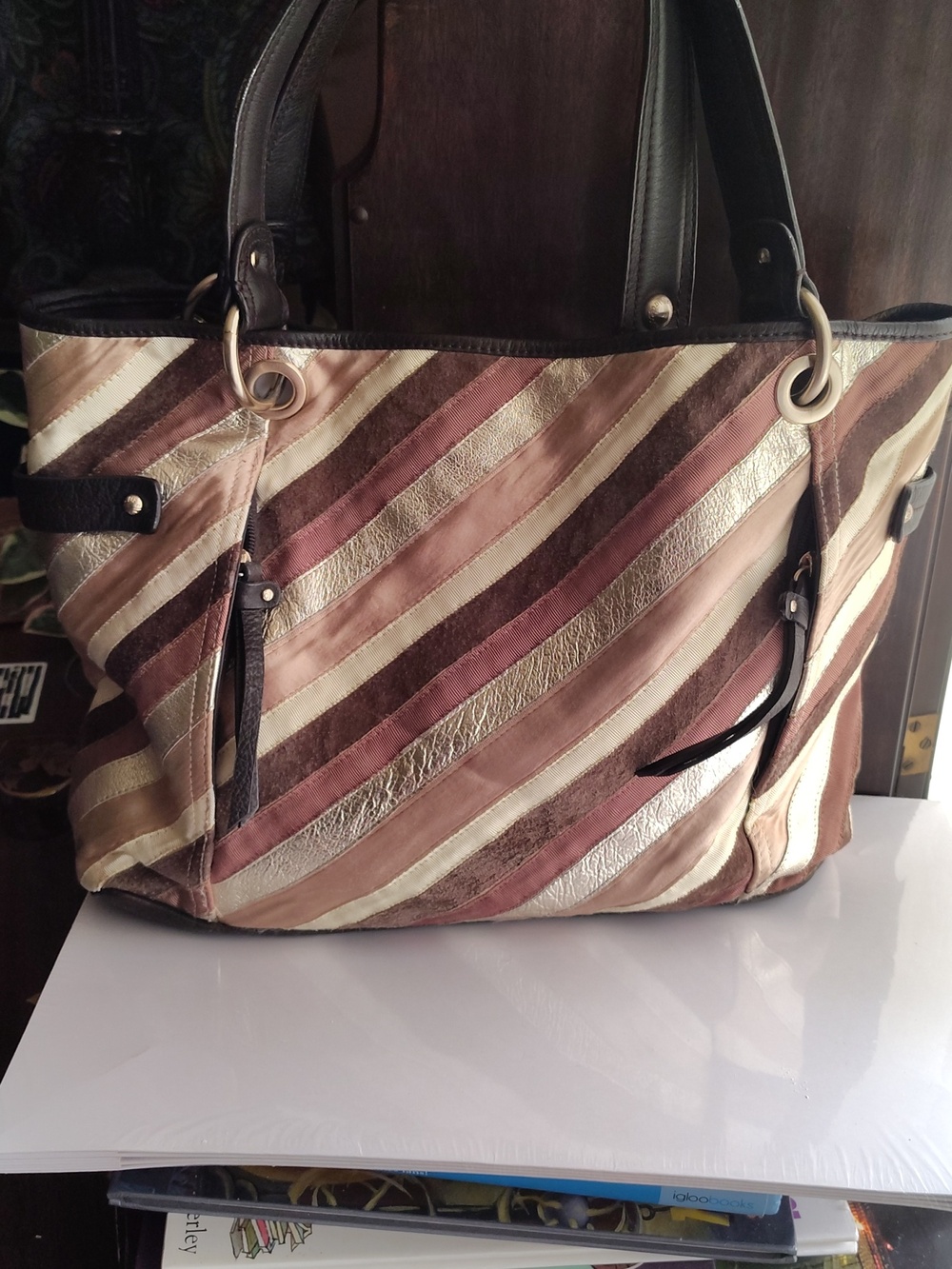 Vintage Liz Claiborne Striped Multi-Tone Leather Tote Bag - Brown & Cream